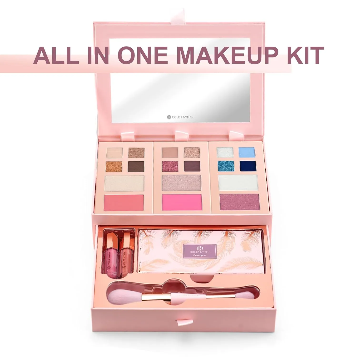 Color Nymph Complete Makeup Palette Set - 2025 Trendy Colors, Cruelty-Free, Ideal for Daily, Festival, Party, and Professional Use, with Detachable Jewelry Compartments, All-in-One Gift Set (Pink)