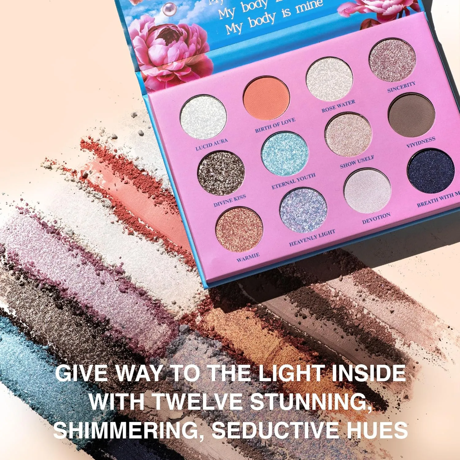 Colorful Eyeshadow Palette Mother of Lights – 12 High Pigment, Blendable Shades – Long-Lasting & Smudge-Proof – Matte, Satin, Shimmer & Glitter Finishes – 0.47 oz