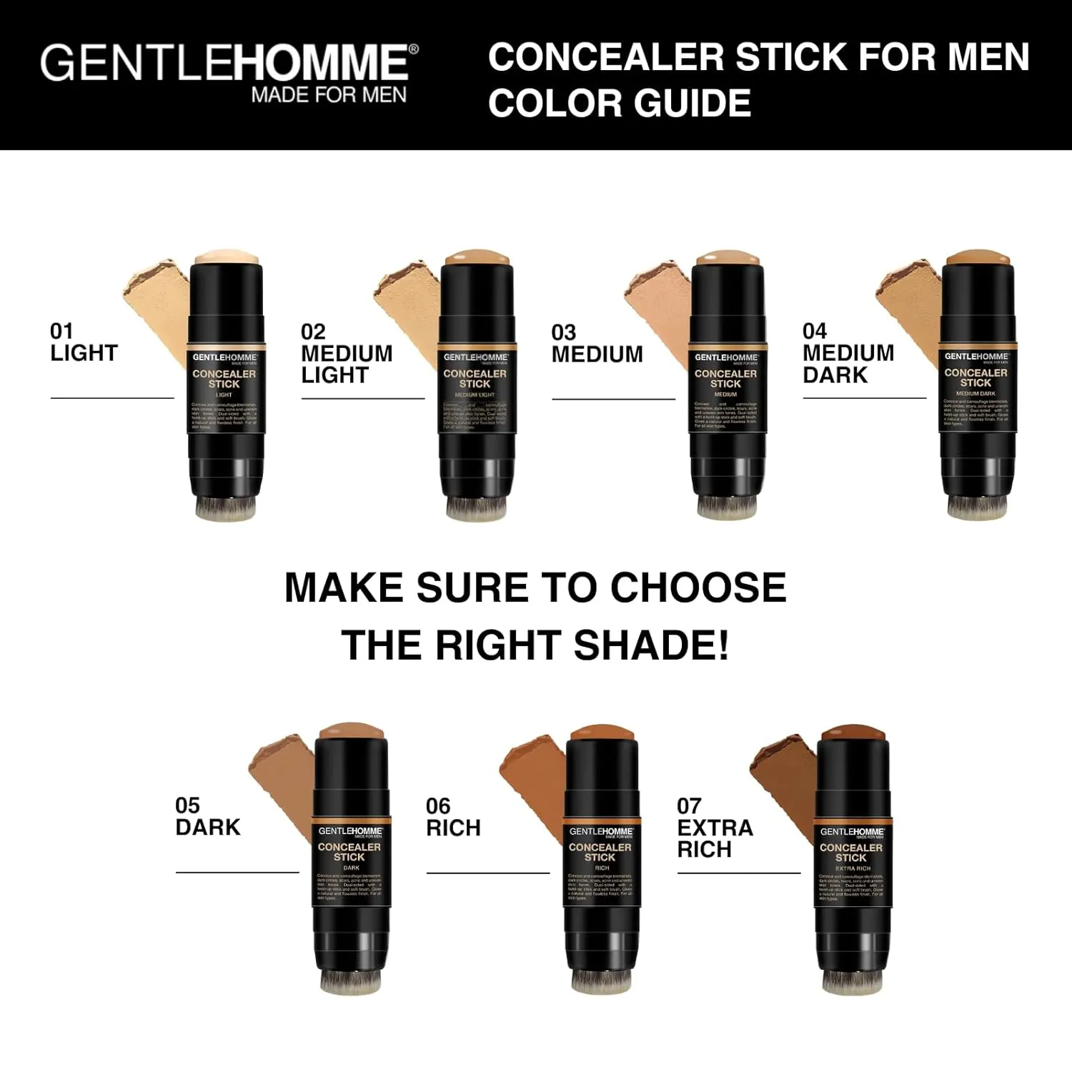 Concealer Stick - Men’s 2-in-1 Concealer & Brush - For Blemishes, Dark Circles, Scars, Acne & Uneven Skin Tones - Natural Finish - All Skin Types - Vegan - Dark - 1 Stick