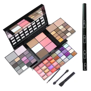 Cosmetic Eyeshadow Palette Combo Set Nudes Smoky Pigmented Blendable Lip Gloss Blush Foundation Makeup Palette, Matte Shimmer Metallic 74 Colors   4 in 1 Brush