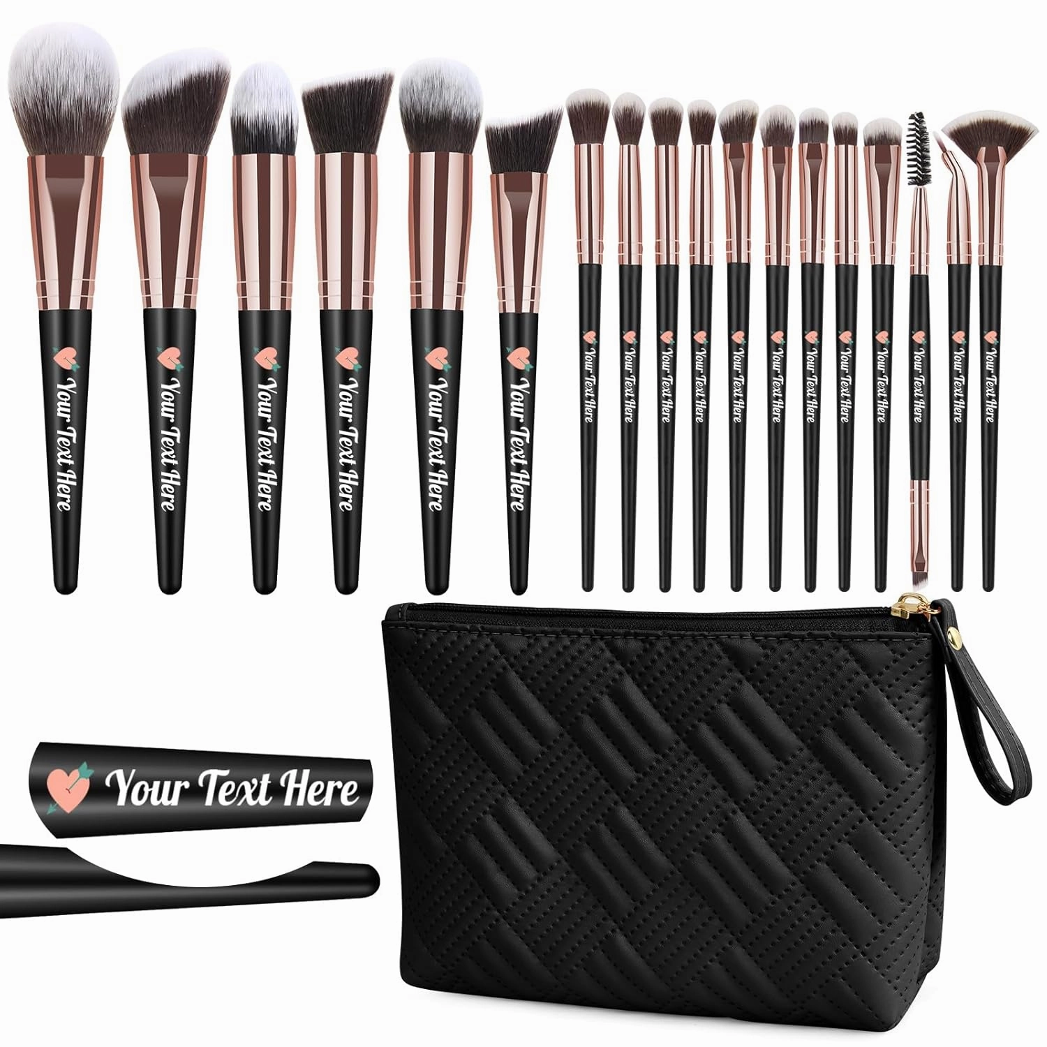 Customizable Makeup Brushes with Your Text Logo, Personalized Make Up Brushes Premium Face Powder Blush Pointed Eyeshadow Blending Brush with Makeup Brush Bag (Black)