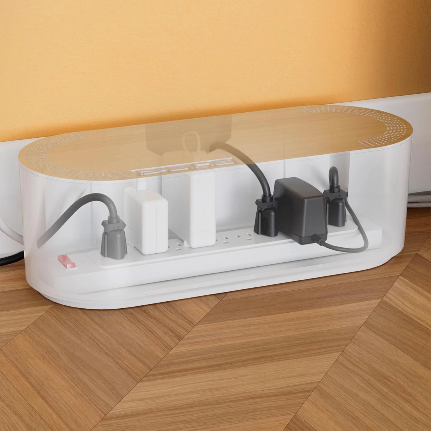 D-Line Cable Management Box, Power Strip Holder, Floor Outlet Hiders, Desk Cord Organizer, Cover TV Wires, Wire Storage, Extension Hider, Office Concealer for Cords - Large, Wood-Effect Lid