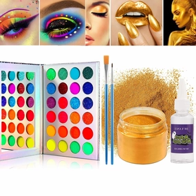 DE'LANCI Neon Eyeshadow Palette Glow in the Dark and SFX Makeup Metallic Powder,Halloween Christmas Makeup Kit UV Blacklight Matte Glitter Eye Shadow Good Coverage Metal Powder Set for 3-4 People