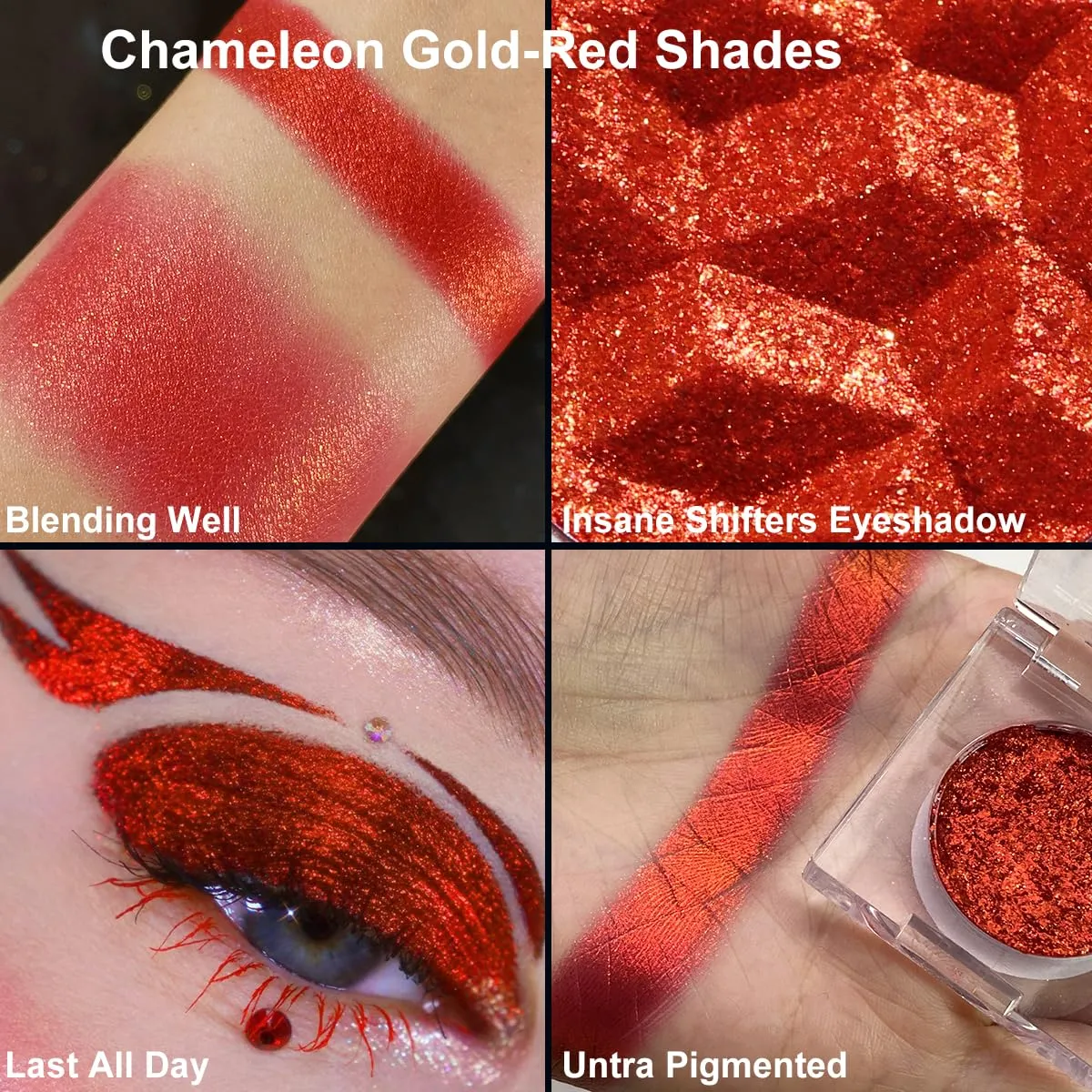 DE’LANCI Chameleon Red Eyeshadow High-Impact Pigmented, Sparkle Orange Red Glitter Eyeshadow Palette, Holographic Chrome Multichrome Eyeshadow, Metallic Eye Shadow Goth Smoky Eye Makeup
