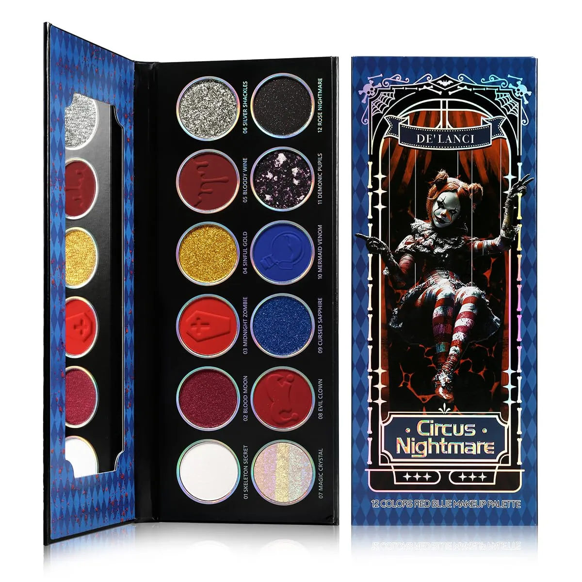DE'LANCI Red Blue Multichrome Eyeshadow Palette, High Pigment Metallic Silver Shimmer Eyeshadow for Goth, Clown/Joker Smoky Makeup, Longwear Vegan Chameleon Iridescent Black Halloween Cosplay Party