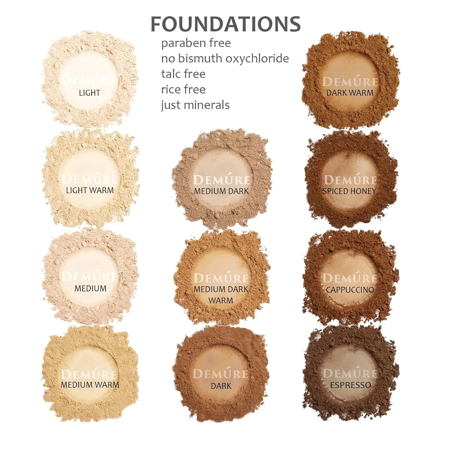 Demure Natural Makeup - Light Warm Foundation, Concealer, Pure Crushed Minerals, Loose Face Powder