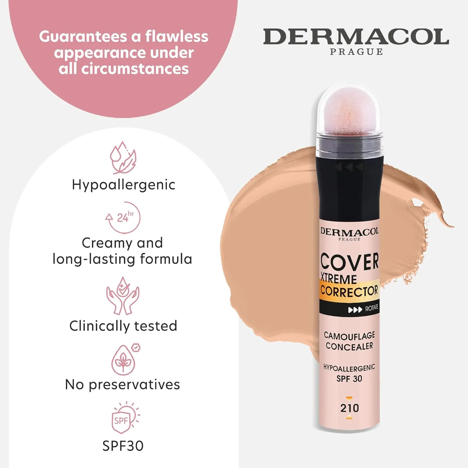 Dermacol - Cover Xtreme Corrector Contour Stick, Long Lasting Non-Allergenic Liquid Contour with SPF30, High Coverage Light Formula Corrector Concealer Makeup for Acne-Prone Skin No. 3 (210)