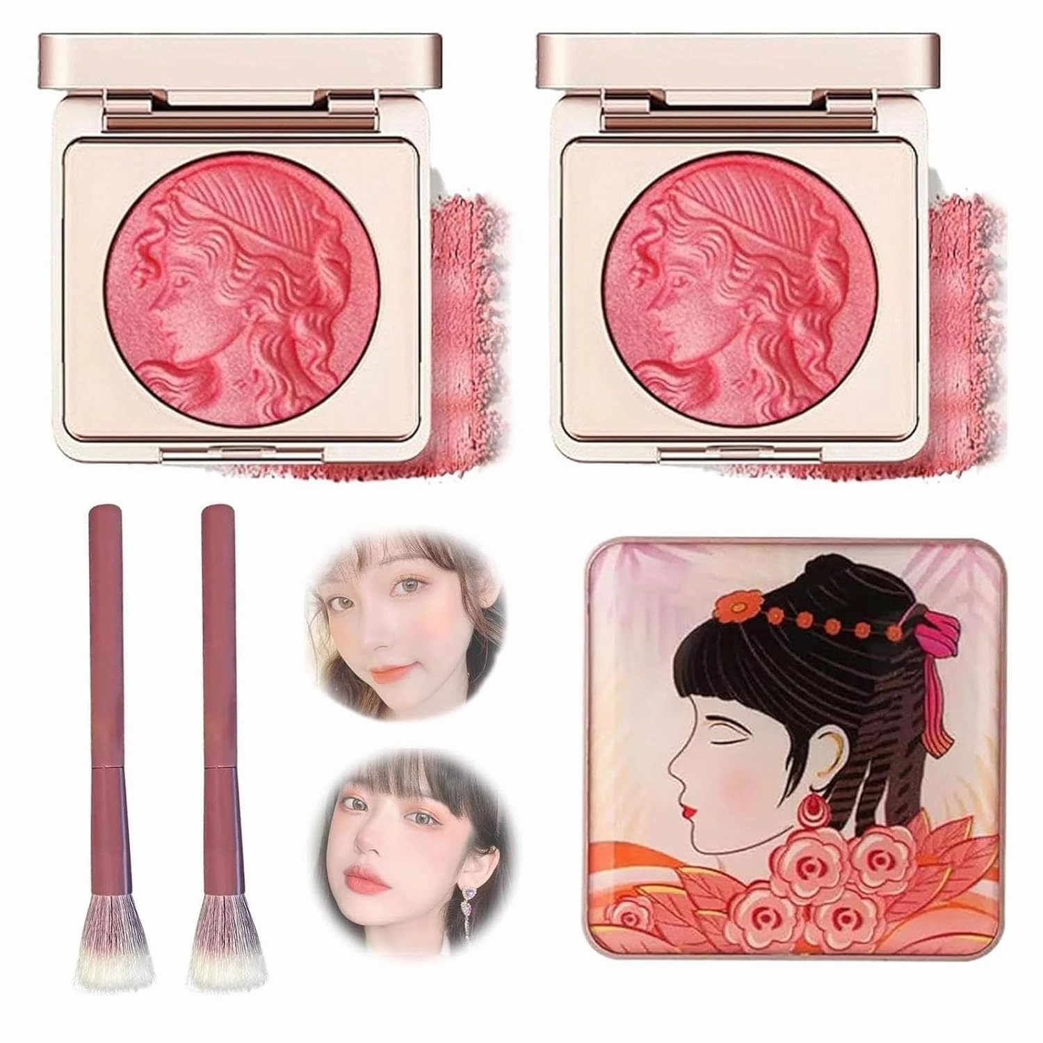 Embossed Smooth Powder Blush Palette for Cheeks, Quotationi Embossed Girl Blush for Cheeks with Stippling Brush, Orange Blush, Matte Face Powder Blush Palette, Natural Makeup (B,2pcs)