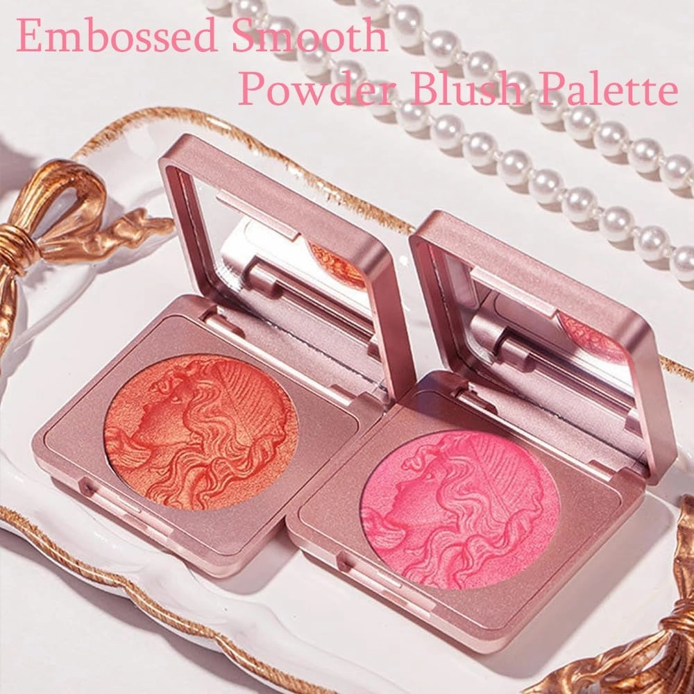 Embossed Smooth Powder Blush Palette for Cheeks, Quotationi Embossed Girl Blush for Cheeks with Stippling Brush, Orange Blush, Matte Face Powder Blush Palette, Natural Makeup (B,2pcs)