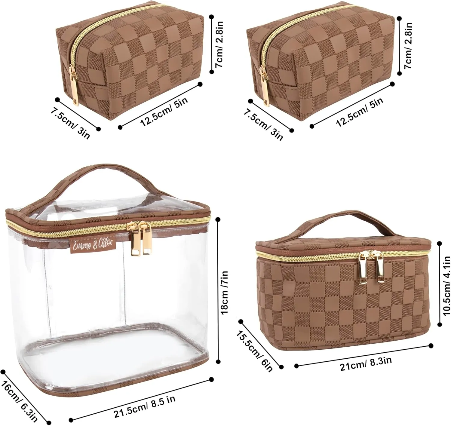 Emma & Chloe Travel Toiletry Bags for Women, 4 Piece Waterproof Cosmetic Case, Set, Pouch Makeup Organizer Bags for Women, Home Counters (Chic Checkerboard Mocha)