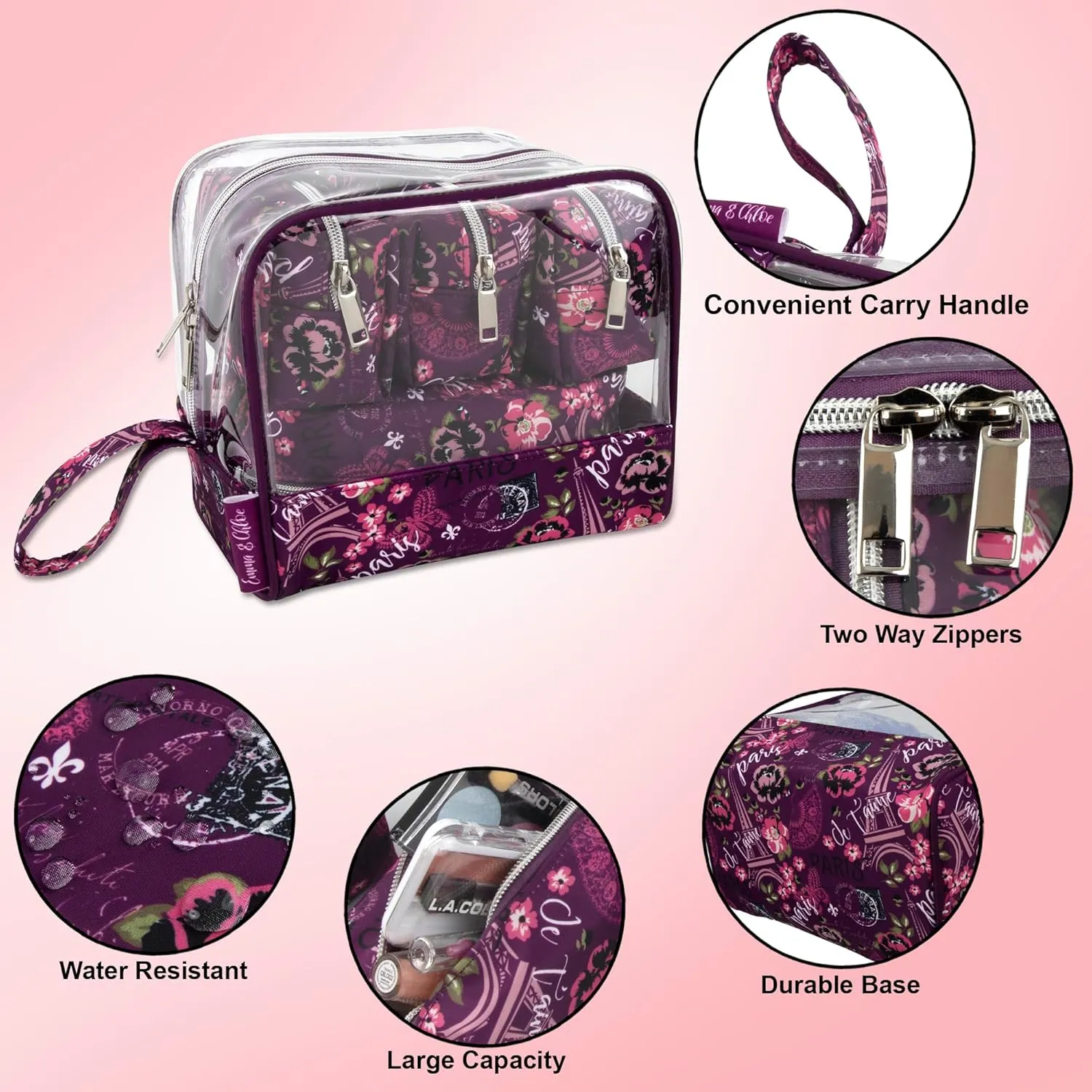 Emma & Chloe Travel Toiletry Bags for Women, 5 Piece Waterproof Cosmetic Case, Bag, Pouch Makeup Organizer Set for Women, Home Counters (Je T'aime Paris)