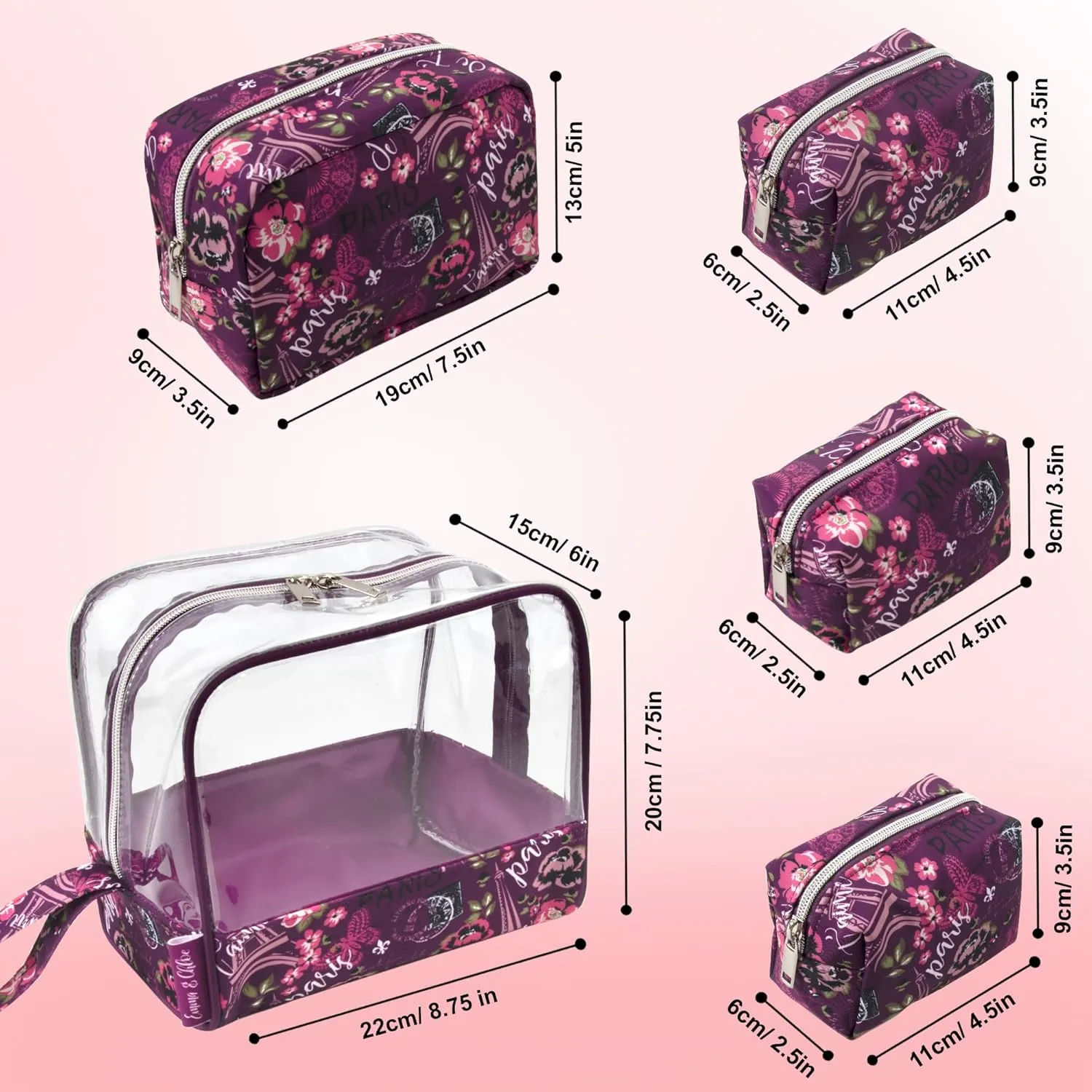 Emma & Chloe Travel Toiletry Bags for Women, 5 Piece Waterproof Cosmetic Case, Bag, Pouch Makeup Organizer Set for Women, Home Counters (Je T'aime Paris)