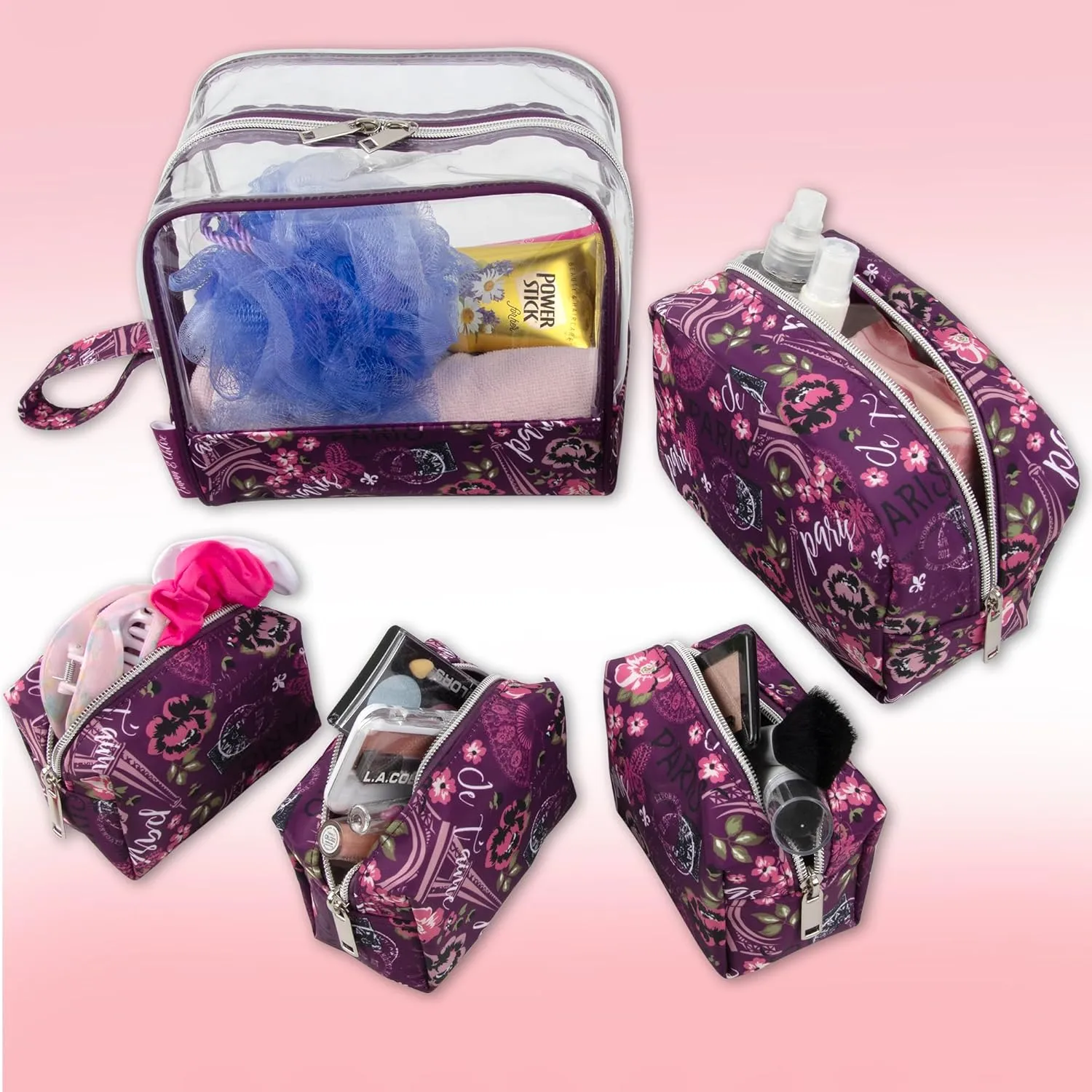 Emma & Chloe Travel Toiletry Bags for Women, 5 Piece Waterproof Cosmetic Case, Bag, Pouch Makeup Organizer Set for Women, Home Counters (Je T'aime Paris)