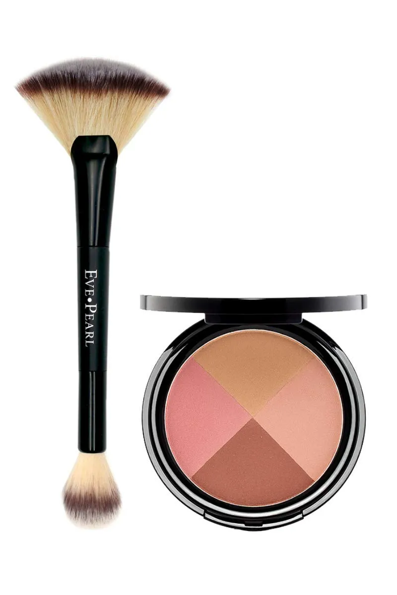 EVE PEARL Ultimate Face Compact And 204 Dual Fan Highlighter Brush Blush Bronzer Highlighter Contour Palette Eyeshadow Makeup Set Medium to Deep- Ageless
