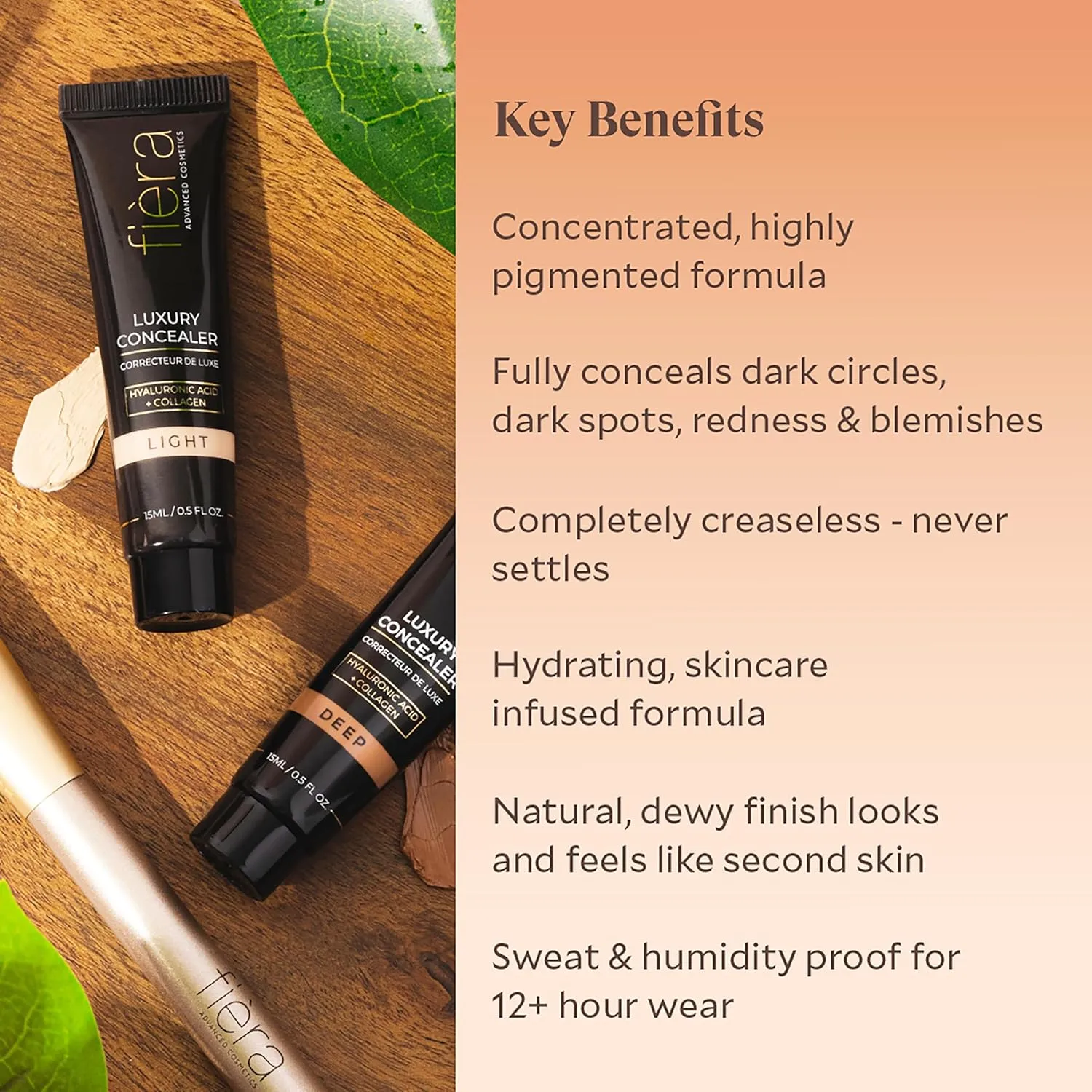 Fièra Luxury Concealer & Foundation with Anti-Aging Ingredients - Full Coverage for Dark Circles, Wrinkles, Fine Lines, and Spots, All-Day Wear For Mature Skin - Deep, 0.5 FL. OZ. / 15 ML