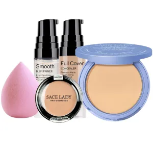 Flawless Pressed Powder & Full Coverage Foundation Concealer & Smooth Primer & Sponge, Waterproof Long Lasting Poreless Makeup Set by SACE LADY 5Pcs