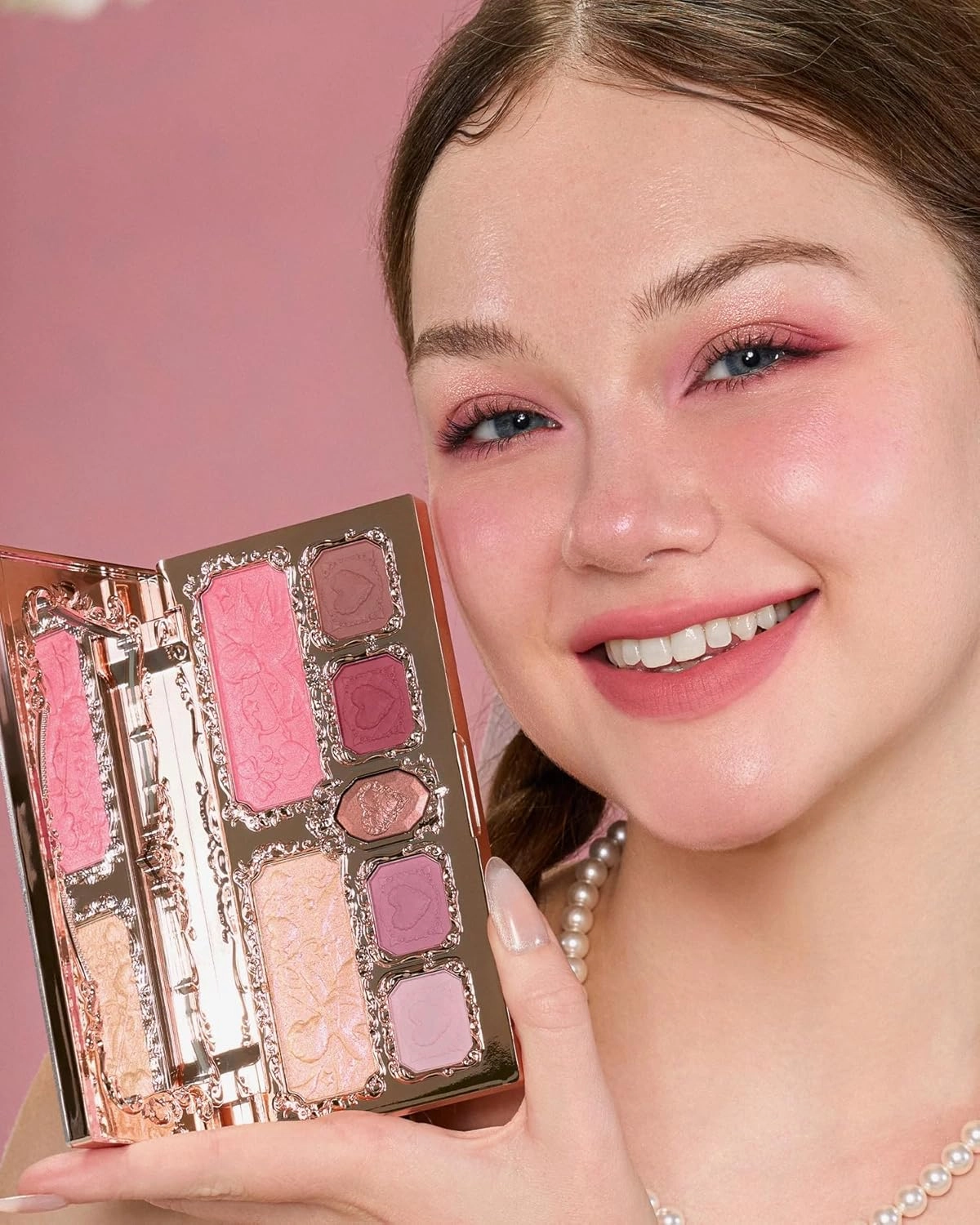 Flower Knows Strawberry Cupid Makeup Palette,Eyeshadow,Blush,Highlighting & Contour All-in-One Face Makeup Palette with 4 Matte 3 Shimmer Pink Shades(S02 Cupid's Mischief,0.49 Oz)