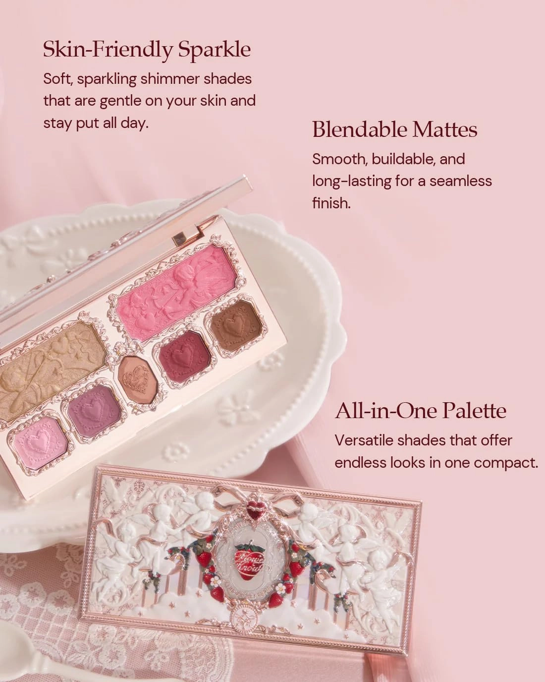 Flower Knows Strawberry Cupid Makeup Palette,Eyeshadow,Blush,Highlighting & Contour All-in-One Face Makeup Palette with 4 Matte 3 Shimmer Pink Shades(S02 Cupid's Mischief,0.49 Oz)