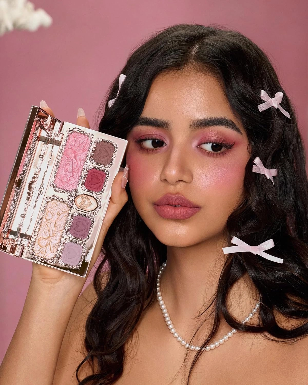 Flower Knows Strawberry Cupid Makeup Palette,Eyeshadow,Blush,Highlighting & Contour All-in-One Face Makeup Palette with 4 Matte 3 Shimmer Pink Shades(S02 Cupid's Mischief,0.49 Oz)