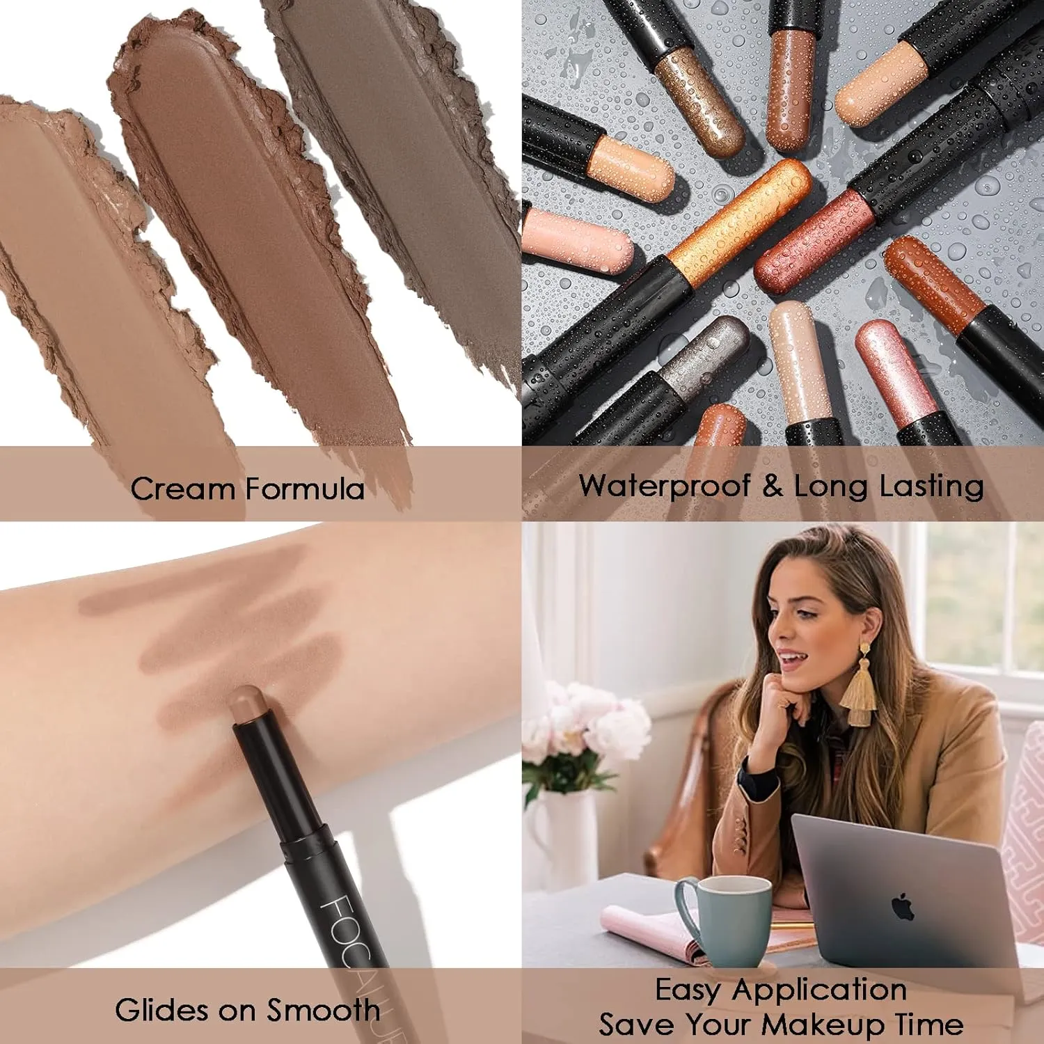 FOCALLURE 3 Pcs Cream Eyeshadow Stick,Shimmer Eyeshadow Pencil Crayon,Crease-proof Eye Shadow Brightener Stick Sets,Long Lasting Waterproof Eye Shadow Highlighter Stick Make up (Oh So Nude)