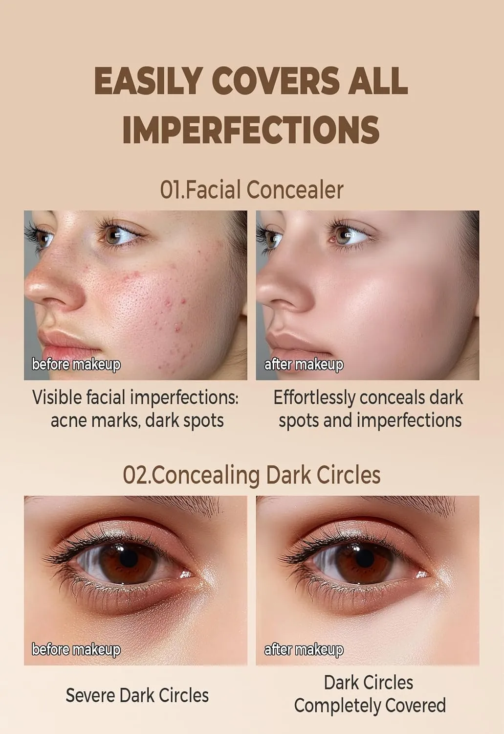 Full Coverage Concealer Cream,Waterproof Long-Lasting Hydrating Concealer for Women (130, 1.36 Fl Oz)