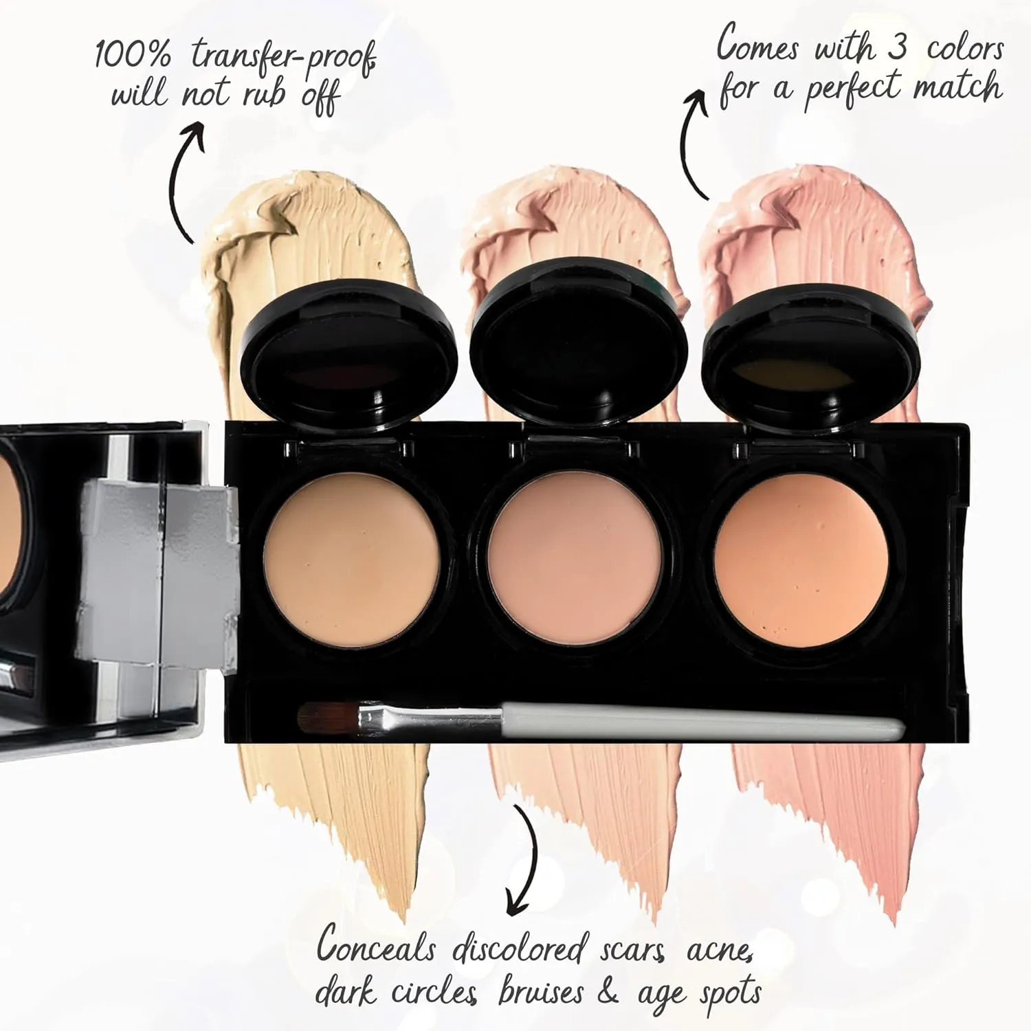 Full Coverage Concealer Palette, Waterproof Concealer Cream, 3 Colors   Brush, by Dermaflage