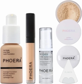 Full Coverage Makeup Set with Foundation (102 Nude), Concealer Stick (102 Neutral), Primer Gel, Setting Powder, Make Up Pad & Sponge - Complete Face Cosmetics Kit for Women