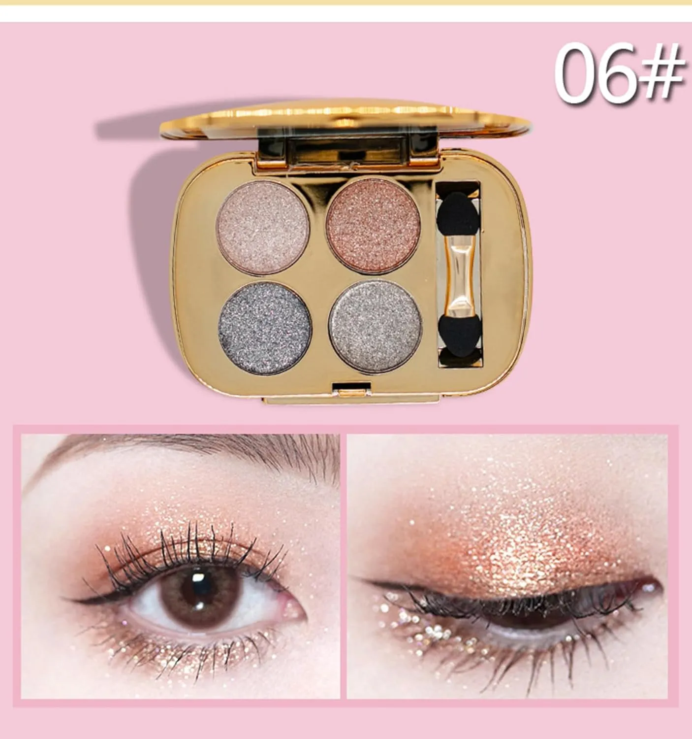 Glitter Eyeshadow Palette Makeup Set,4 Colors Shimmer Eyeshadow Palette Gold Eyeshadow Highly Pigmented Long Lasting Waterproof Sweatproof Professional Nude Eyeshadow Palette Make Up Palettes(6#)