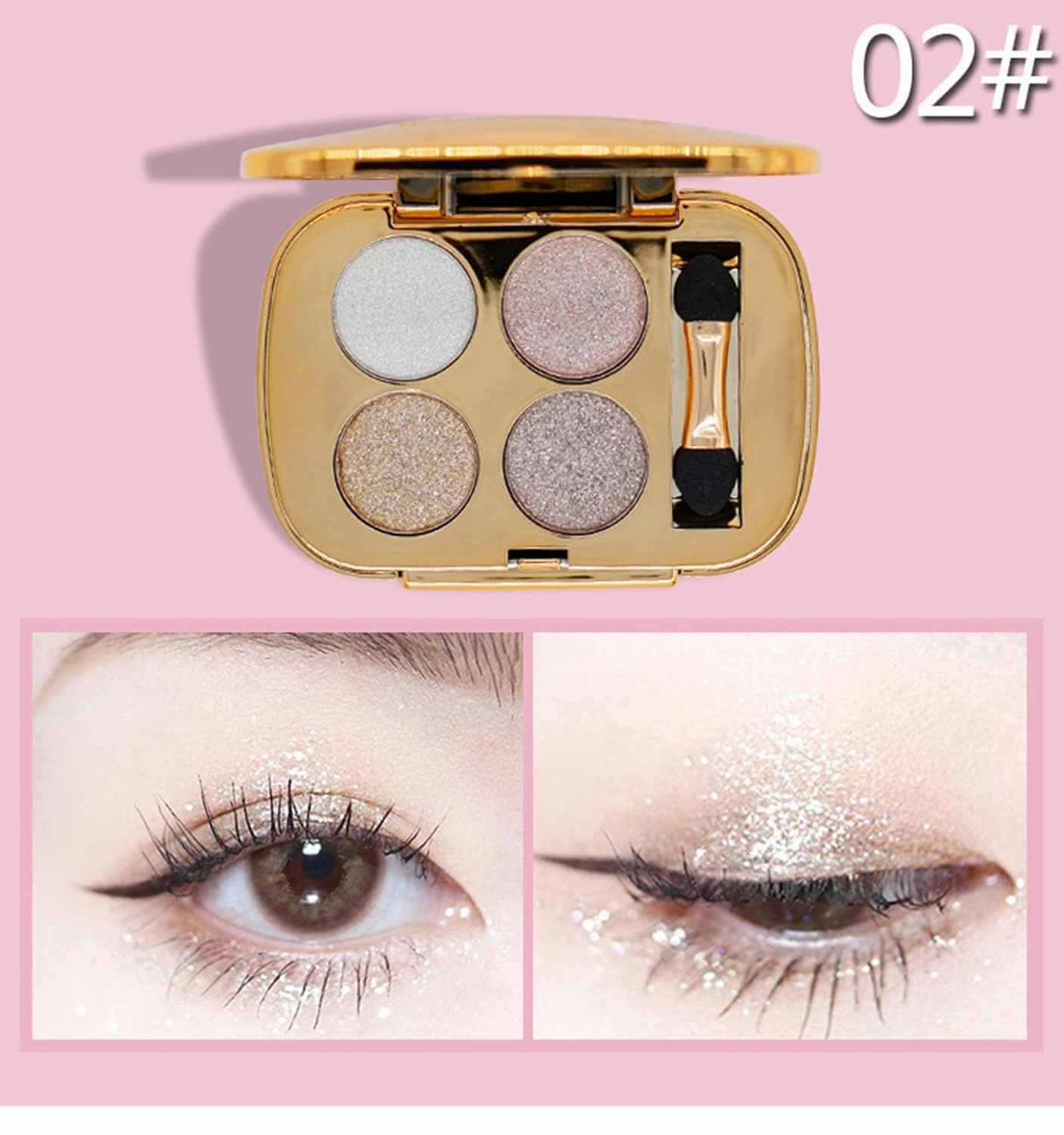 Glitter Eyeshadow Palette, 4 Colors, Shimmer, Gold, Highly Pigmented, Long Lasting, Waterproof, Sweatproof, Professional, Nude