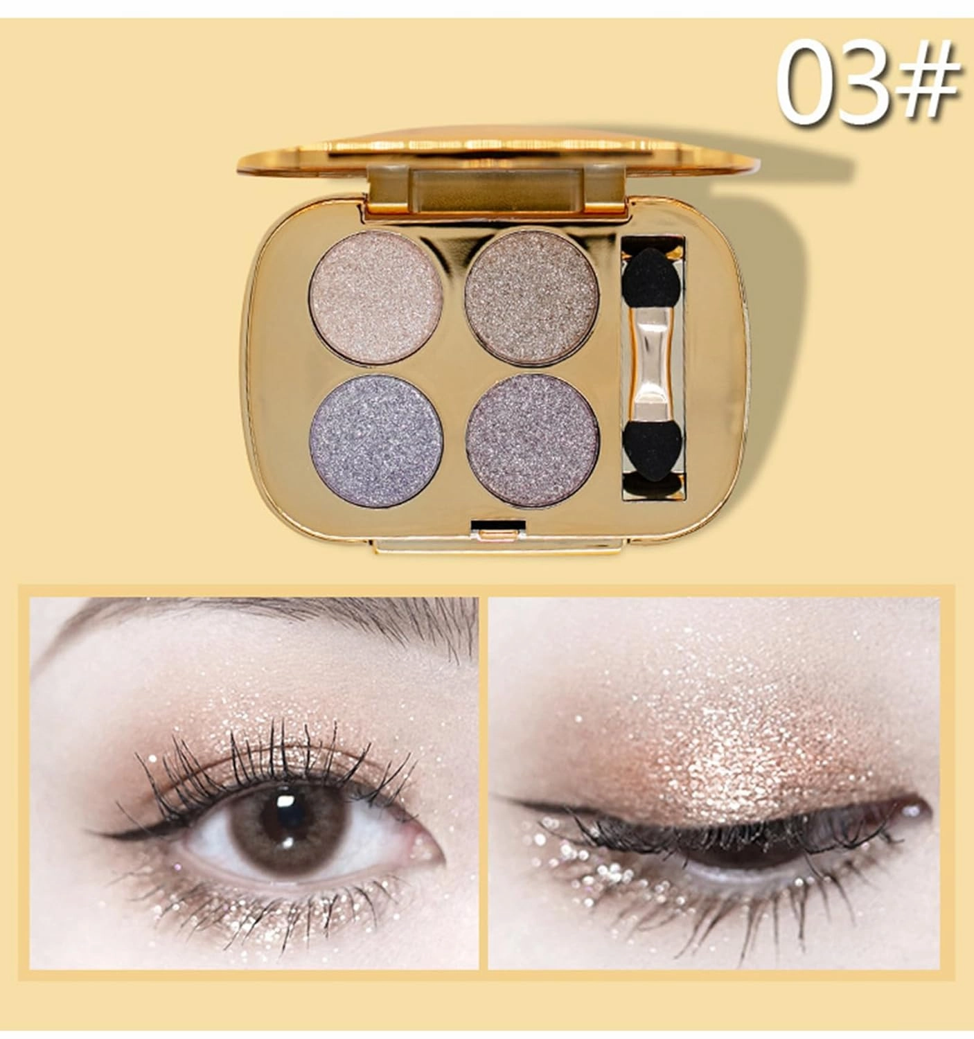 Glitter Eyeshadow Palette Makeup Set,4 Colors Shimmer Eyeshadow Palette Gold Eyeshadow Highly Pigmented Long Lasting Waterproof Sweatproof Professional Nude Eyeshadow Palette Make Up Palettes(3#)