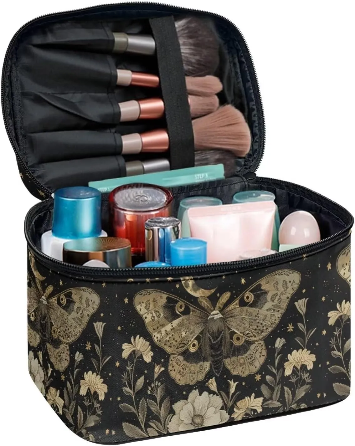Goth Black Travel Toiletry Bag - Makeup & Accessories Organizer with Handle - Star & Moon Butterfly Cosmetic Bag for Women