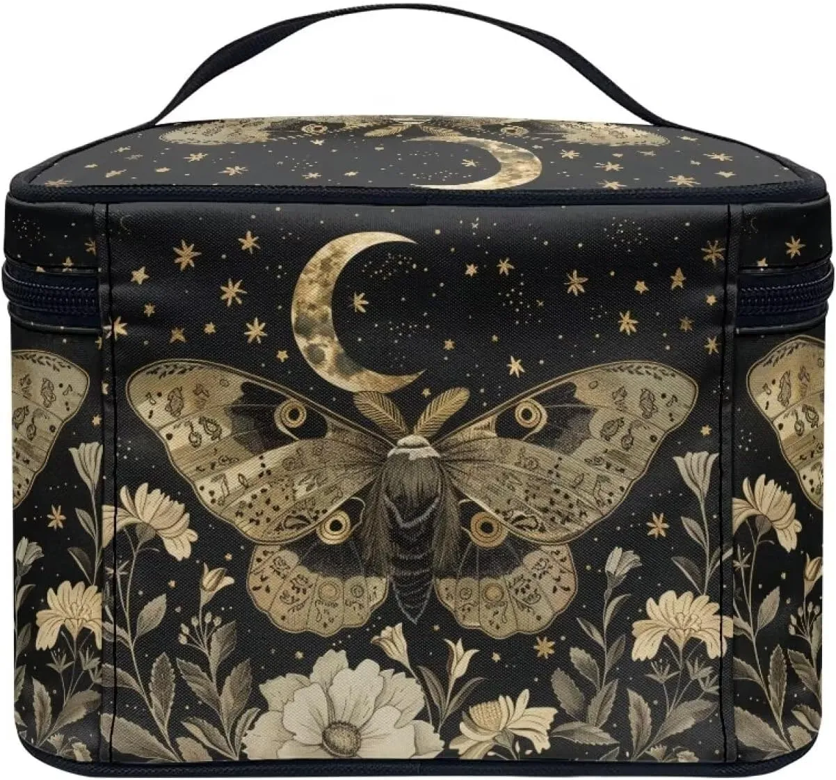 Goth Black Travel Toiletry Bag - Makeup & Accessories Organizer with Handle - Star & Moon Butterfly Cosmetic Bag for Women