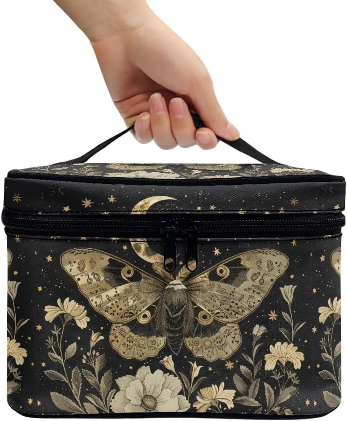 Goth Black Travel Toiletry Bag - Makeup & Accessories Organizer with Handle - Star & Moon Butterfly Cosmetic Bag for Women