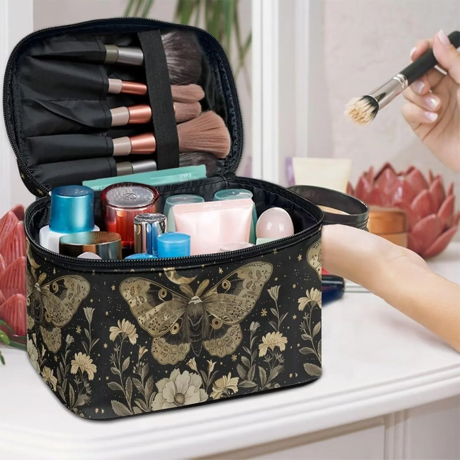 Goth Black Travel Toiletry Bag - Makeup & Accessories Organizer with Handle - Star & Moon Butterfly Cosmetic Bag for Women