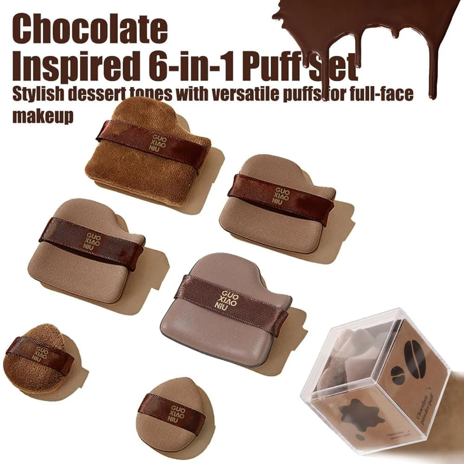 Guo Xiao Niu Makeup Puff, Guoxiaoniu Makeup Puff, Mini Powder Puff Collection, Reusable Beauty Sponges for Foundation, Blush & Loose Powder, without Absorb Powder (2Set Chocolate)