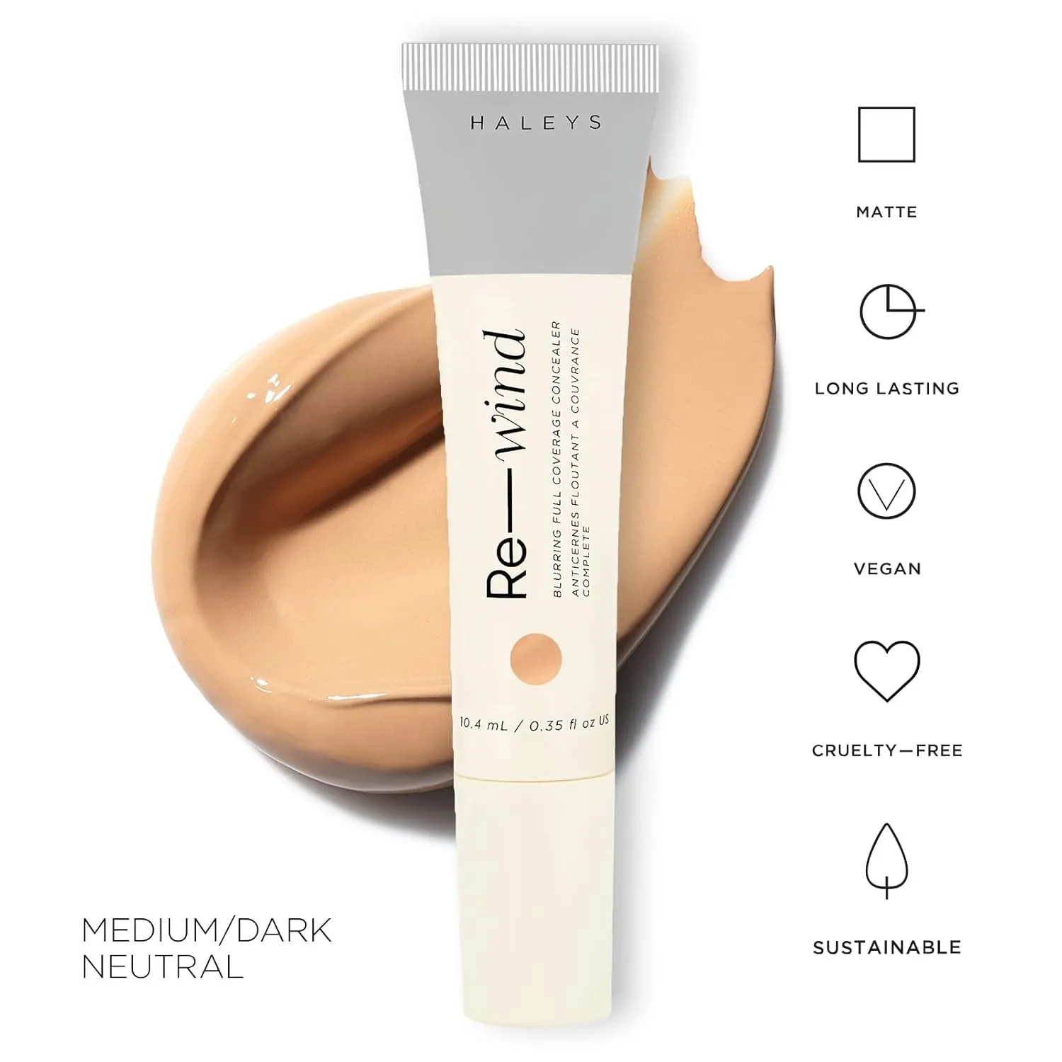 HALEYS Re-wind Blurring Full Coverage Concealer, Cream, Medium Dark - Neutral, 1 oz