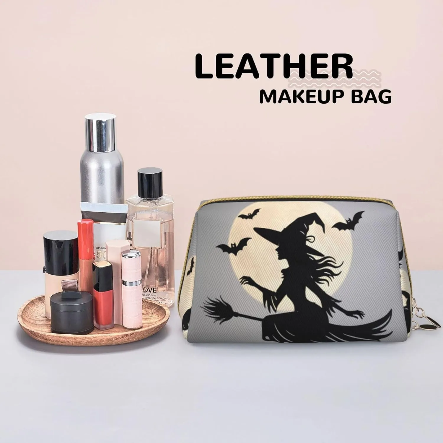 Halloween Witch Flying Printed Small Makeup Bag,Travel Cosmetic Bag Purse with Zipper,Water-resistant Makeup Organizer Bag for Women