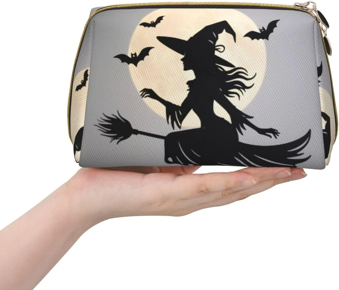 Halloween Witch Flying Printed Small Makeup Bag,Travel Cosmetic Bag Purse with Zipper,Water-resistant Makeup Organizer Bag for Women