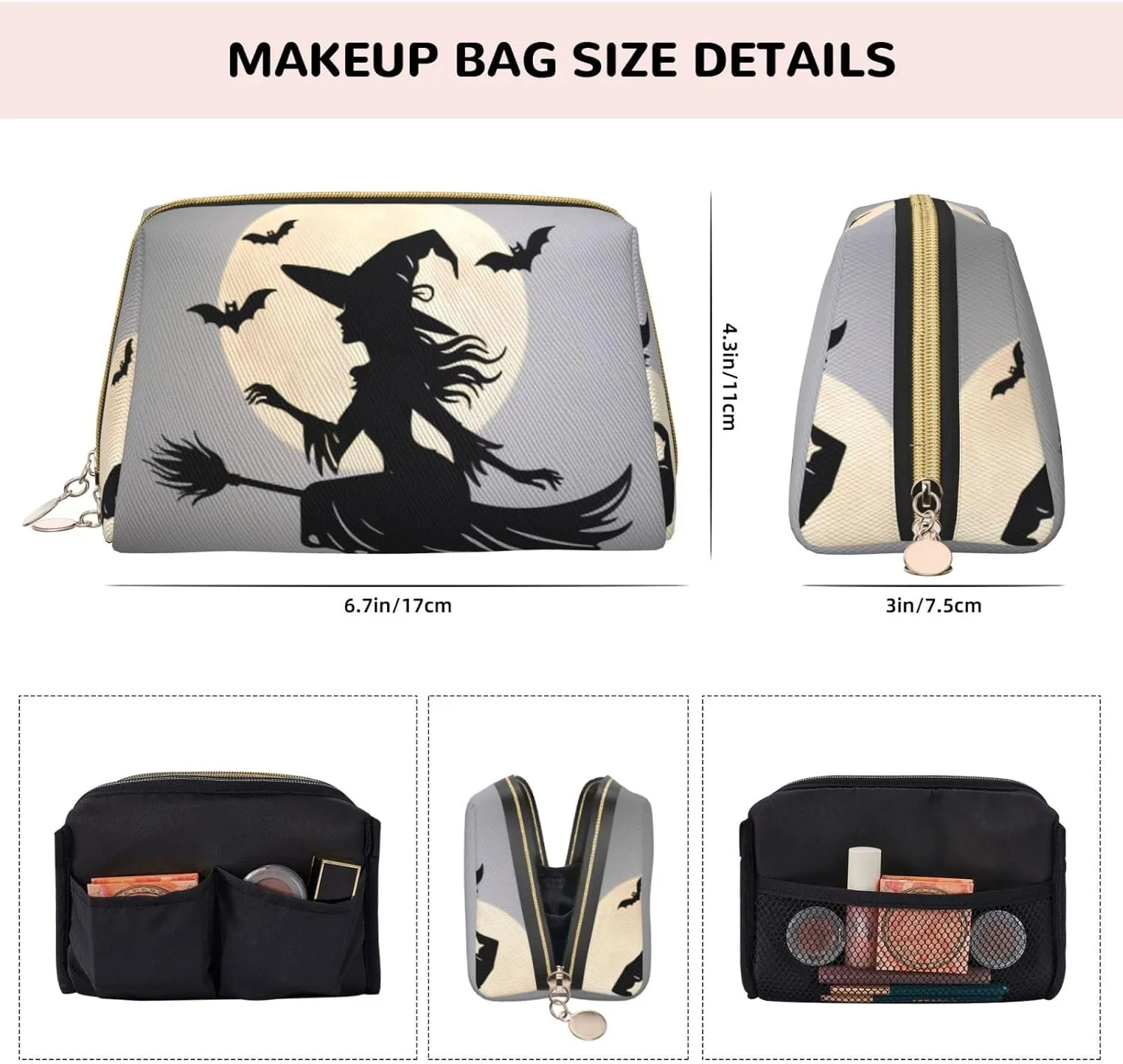 Halloween Witch Flying Printed Small Makeup Bag,Travel Cosmetic Bag Purse with Zipper,Water-resistant Makeup Organizer Bag for Women