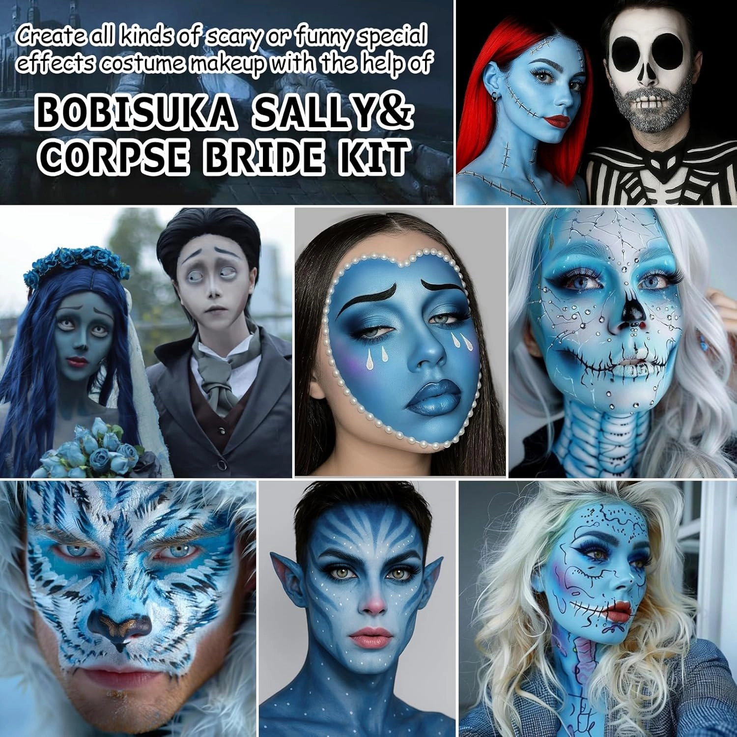 Halloween Sally Makeup & Corpse Bride Makeup Kit, Sally Costume Corpse Bride Make Up SFX Set with Light Blue Face Paint, Black Eyeliner, Lipstick & Faux Eyelash for Sally Face Cosplay & Dress-Up Party