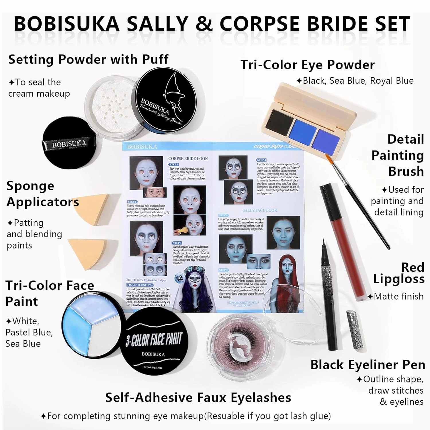 Halloween Sally Makeup & Corpse Bride Makeup Kit, Sally Costume Corpse Bride Make Up SFX Set with Light Blue Face Paint, Black Eyeliner, Lipstick & Faux Eyelash for Sally Face Cosplay & Dress-Up Party