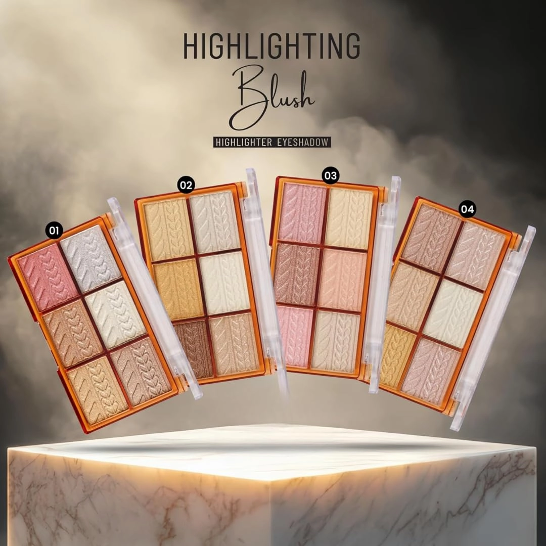 Highlighting Blush | Highlighter and Eyeshadow Palette | 6 Shimmery Shades | Highly Pigmented and Blandable | Waterproof Highlighter Palette (02, 48g)