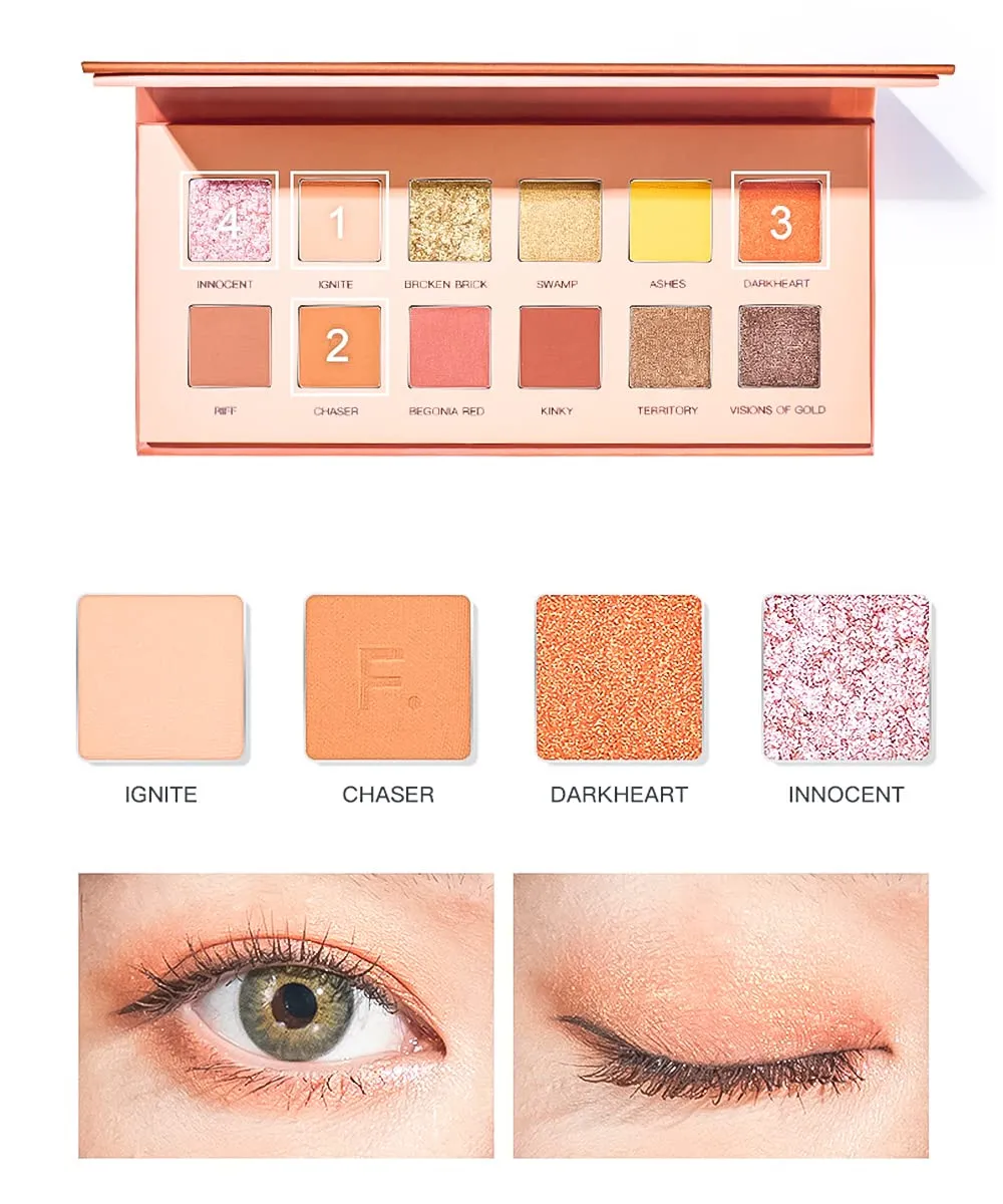 Highly Pigmented Eyeshadow Palette , 12 Colors Matte Shimmer Glitter Metallic Eyeshadow Palette Water proof Blendable Long Lasting Natural Colors Make Up Eyeshadow Cosmetics Gift Kit-Great for Travel (ORANGE)