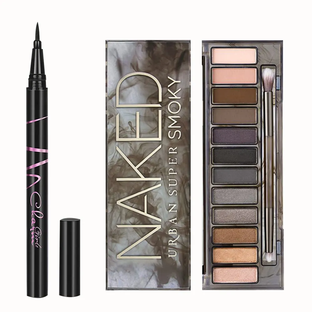 Highly Pigmented Eyeshadow Palette , 12 Colors Matte Shimmer Metallic Eyeshadow Pallet Long Lasting Blendable Natural Colors Waterproof Make Up Eye Shadows Cosmetics Gift Kit-Great for Travel (Smoke ash wIth Eyeliner)
