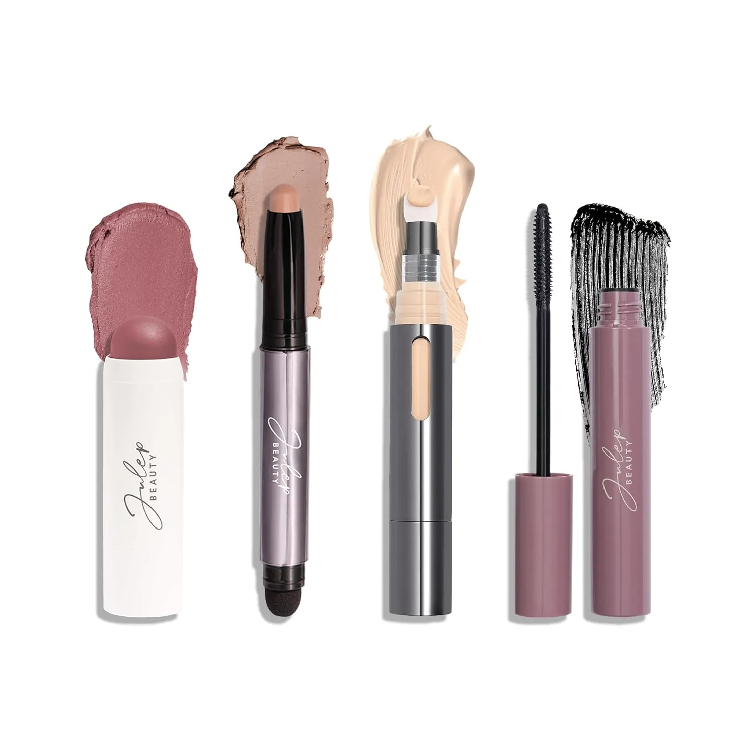 Julep Everyday Easy 4 Piece Kit with Eyeshadow 101 in Putty Matte, Length Matters Lengthening Mascara, Skip The Brush Cream to Powder Blush in Muted Mauve, & Cushion Complexion Concealer in Ivory