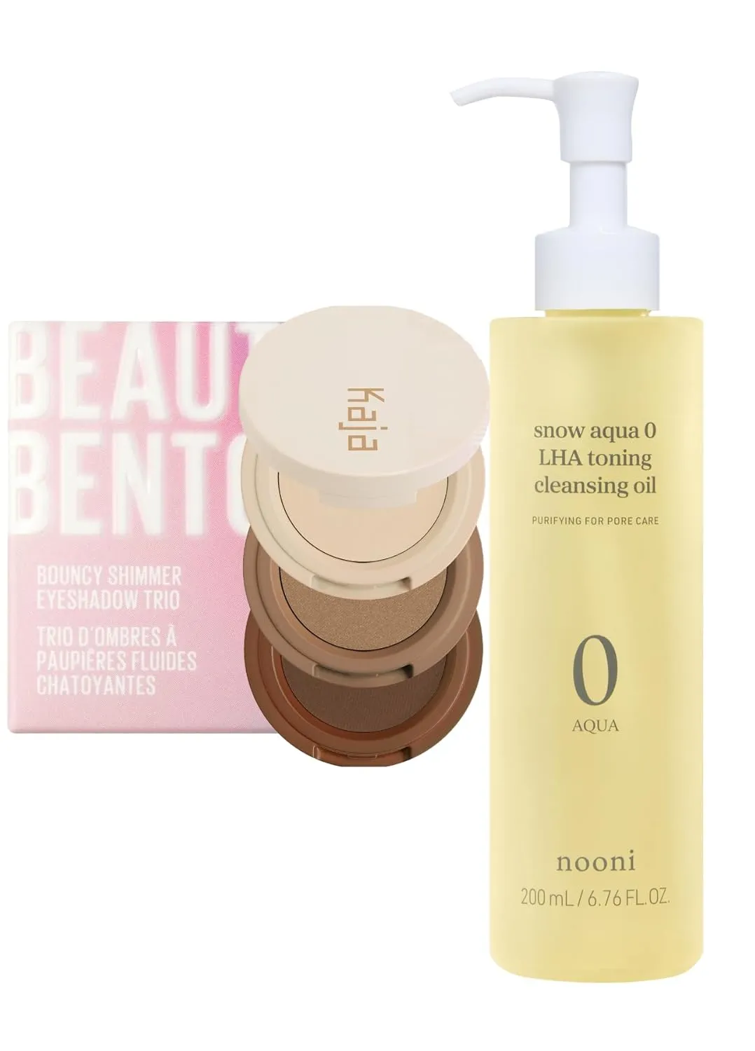 Kaja Beauty Bento Collection - Bouncy Eyeshadow Trio 14 Neutral Moment, 0.03 Oz   NOONI Cleansing Oil - Snow Aqua 0 LHA Toning Pore Care Korean Facial Oil Cleanser, 6.76 fl.oz Bundle