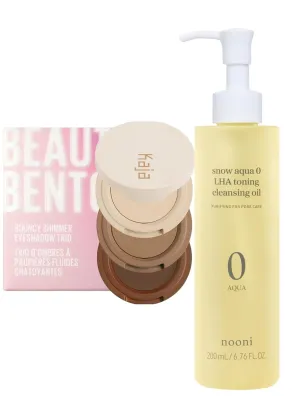 Kaja Beauty Bento Collection - Bouncy Eyeshadow Trio 14 Neutral Moment, 0.03 Oz   NOONI Cleansing Oil - Snow Aqua 0 LHA Toning Pore Care Korean Facial Oil Cleanser, 6.76 fl.oz Bundle