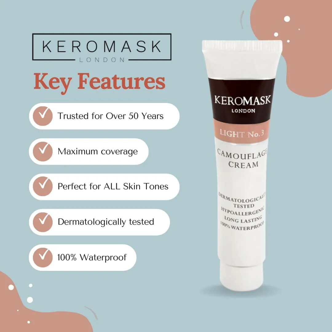 Keromask Full Coverage Concealer | Camouflage Makeup | Waterproof Concealer | Hypoallergenic | Vitiligo, Tattoo, Rosacea, Tattoo Cover | 24 Shades | Light No 3