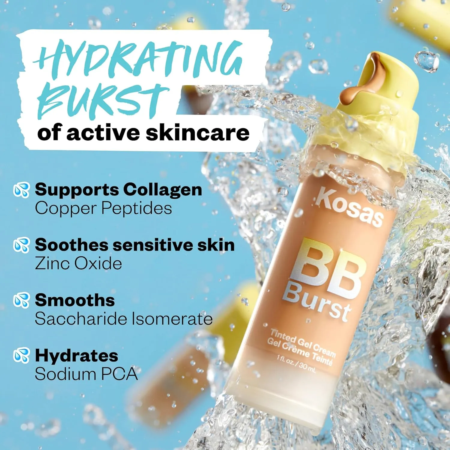 Kosas BB Burst Tinted Face Gel Cream - Supports Healthy Collagen, Smoothes Skin, Hydrates & Moisturizes - Lightweight Buildable Coverage - Medium Tan Neutral Cool 30, (1 Oz/30 ML)
