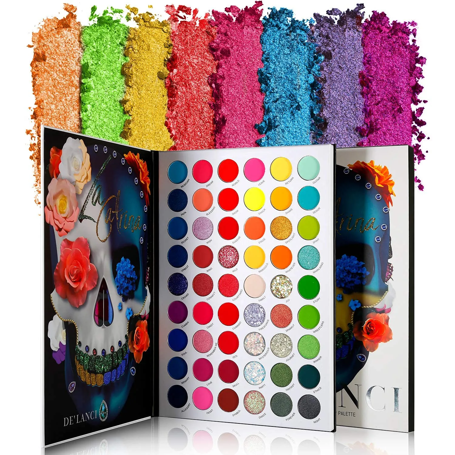 La Catrina 54 Color Pro Eyeshadow Palette Glow in Dark- Glitter, Shimmer, Matte & Multichrome Eye Shadow, Long Lasting Neon Blacklight Makeup Pallet for Halloween, Party, Costume Makeup, Cruelty-Free